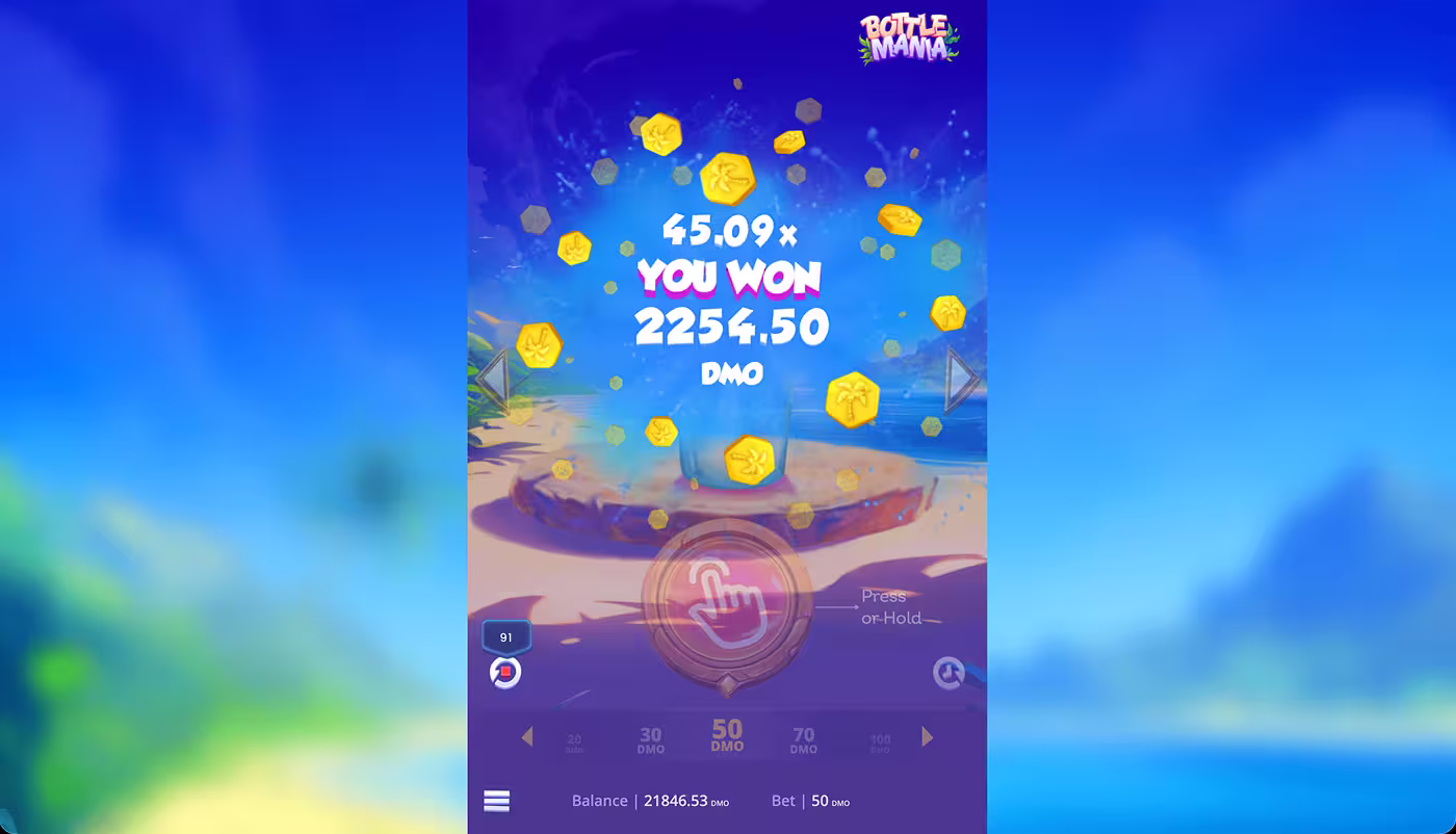 An in-game screenshot of a Bottle Mania big win